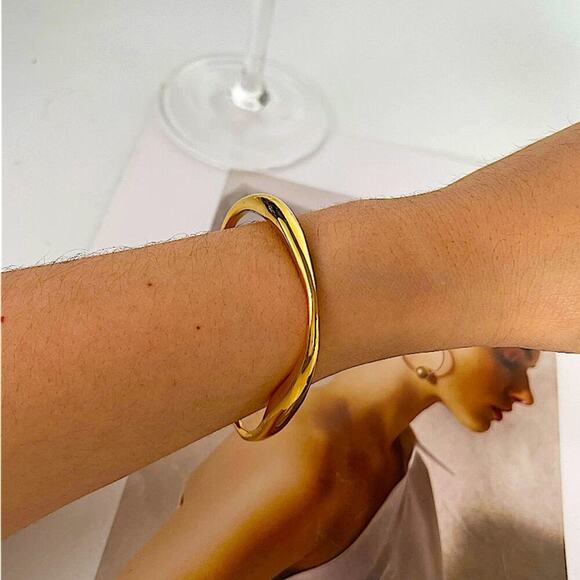 Gold Irregular Bangle Cuff Bracelet, Geometric, Asymmetric - Picture 12 of 15